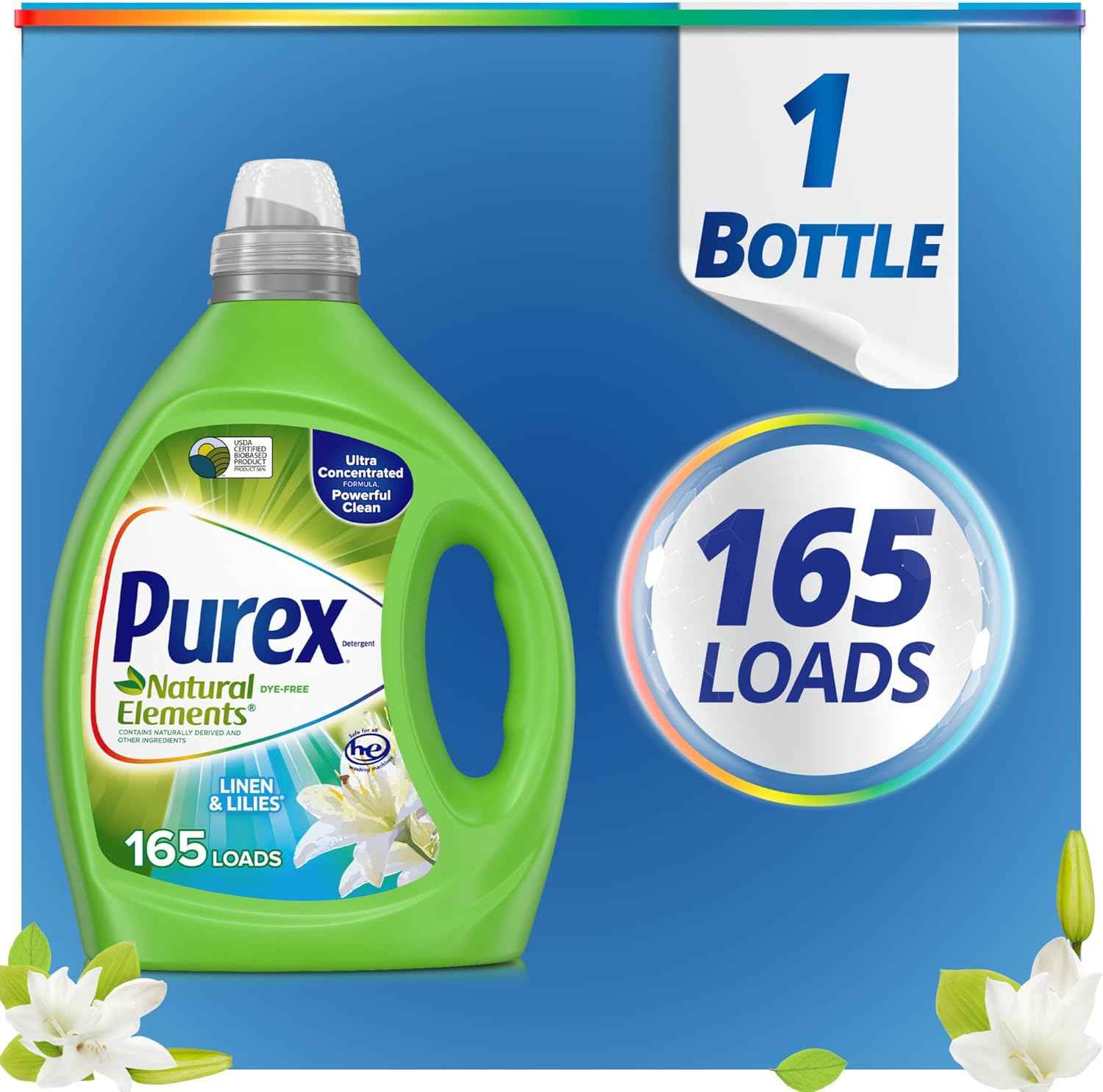 Purex Natural Elements Fresh Lilies & Linen Liquid Detergent, 82.5 oz, 165 Loads, Ultra-Concentrated, Dye-Free, USDA Certified Biobased Product