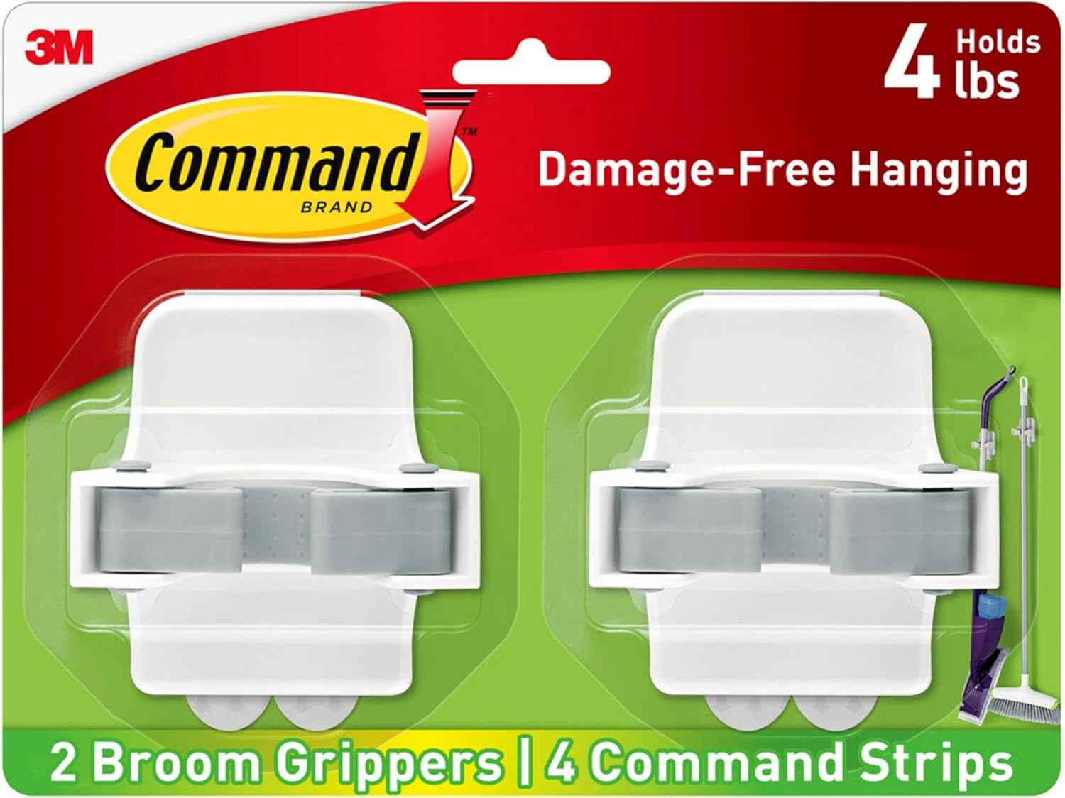 Command Broom Grippers, Damage-Free Mop and Broom Holder Wall Mount, Household Cleaning Tool Organizer for Kitchen, Laundry Room, Closet, Holds up to 4 lb