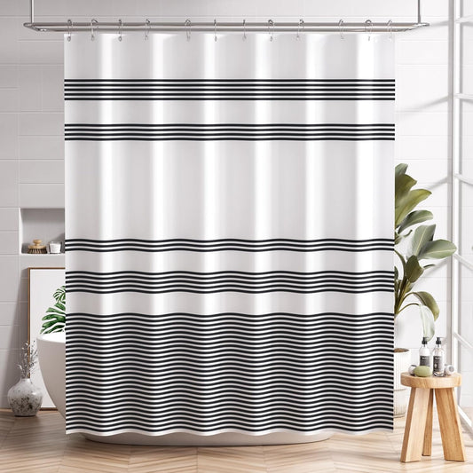 AmazerBath_Shower_Curtain,_Washable_Cloth_Black_Shower_Curtain_Sets_with_12_Shower_Curtain_Hooks,_Fabric_Rustic_Black_and_White_Striped_Curtain,_Farmhouse_Bathroom_Curtains,_72x72_Inches