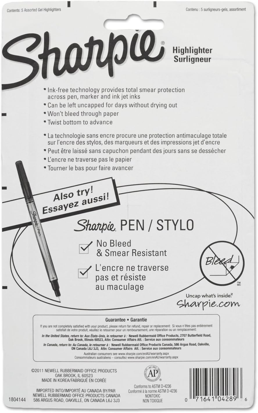 Sharpie_Gel_Highlighters,_Bullet_Tip,_Assorted_Fluorescent_Highlighter_Markers,_5_Count_Pack,_Smear_And_Bleed_Resistant,_Long-Lasting_And_Won'T_Dry_Out