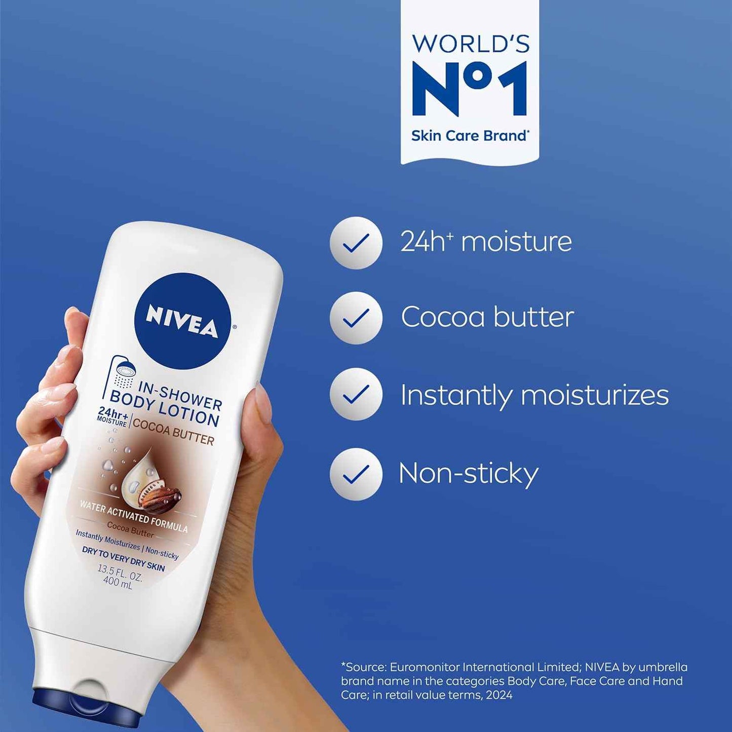 NIVEA Cocoa Butter In Shower Lotion, Water Activated In Shower Moisturizer for Dry Skin to Very Dry Skin, 13.5 FL OZ, Pack of 3