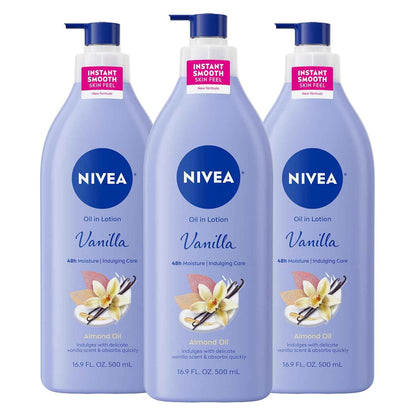 NIVEA Oil Infused Vanilla and Almond Oil Body Lotion for Women, Fast-Absorbing and Non-Greasy Vanilla Scented Lotion Moisturizes for 48 Hours, 16.9 Fl Oz Pump Bottle