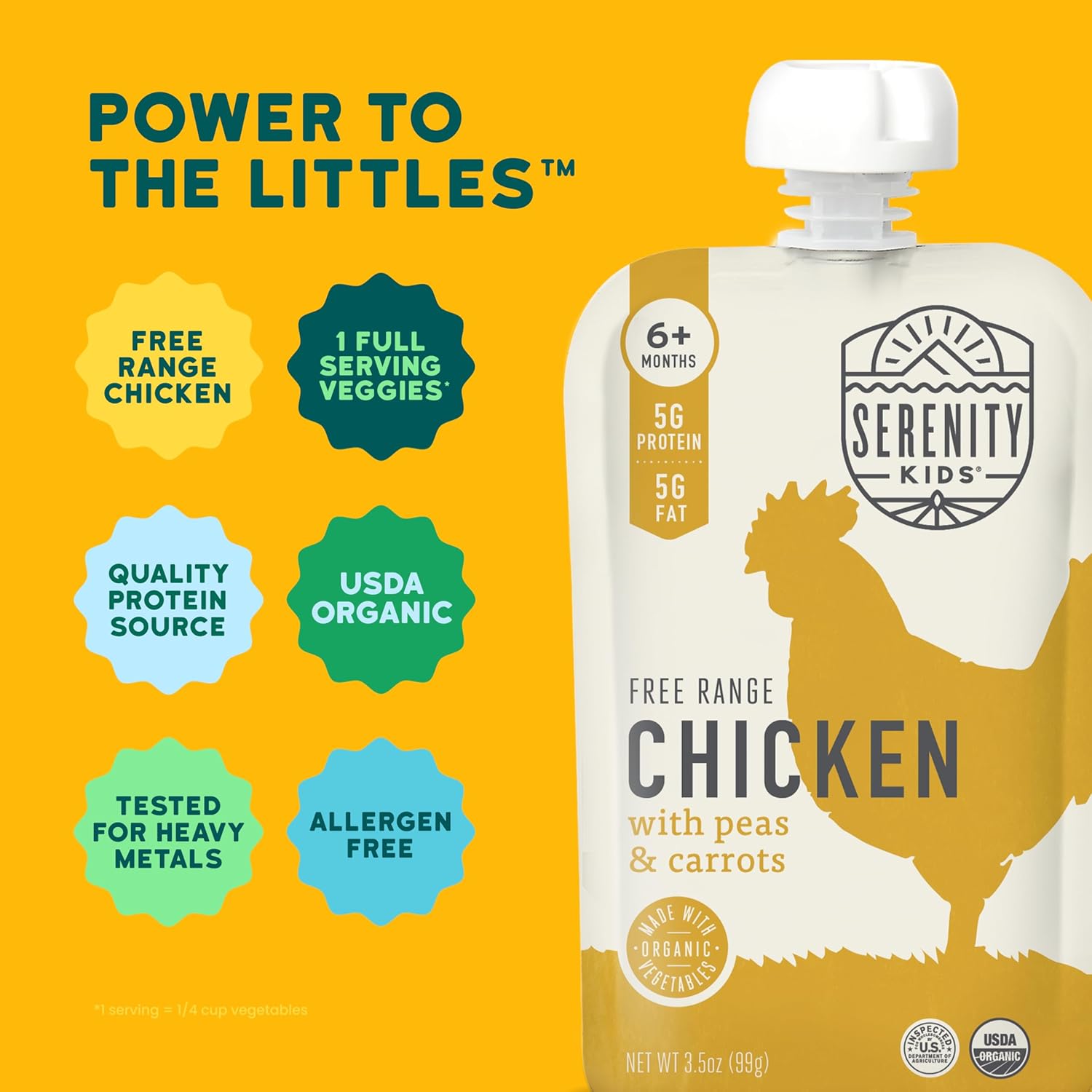 Serenity_Kids_6+_Months_Baby_Food_Pouches_Puree_Made_With_Ethically_Sourced_Meats_&_Organic_Veggies_|_3.5_Ounce_BPA-Free_Pouch_|_Free_Range_Chicken,_Pea,_Carrot_|_1_Count