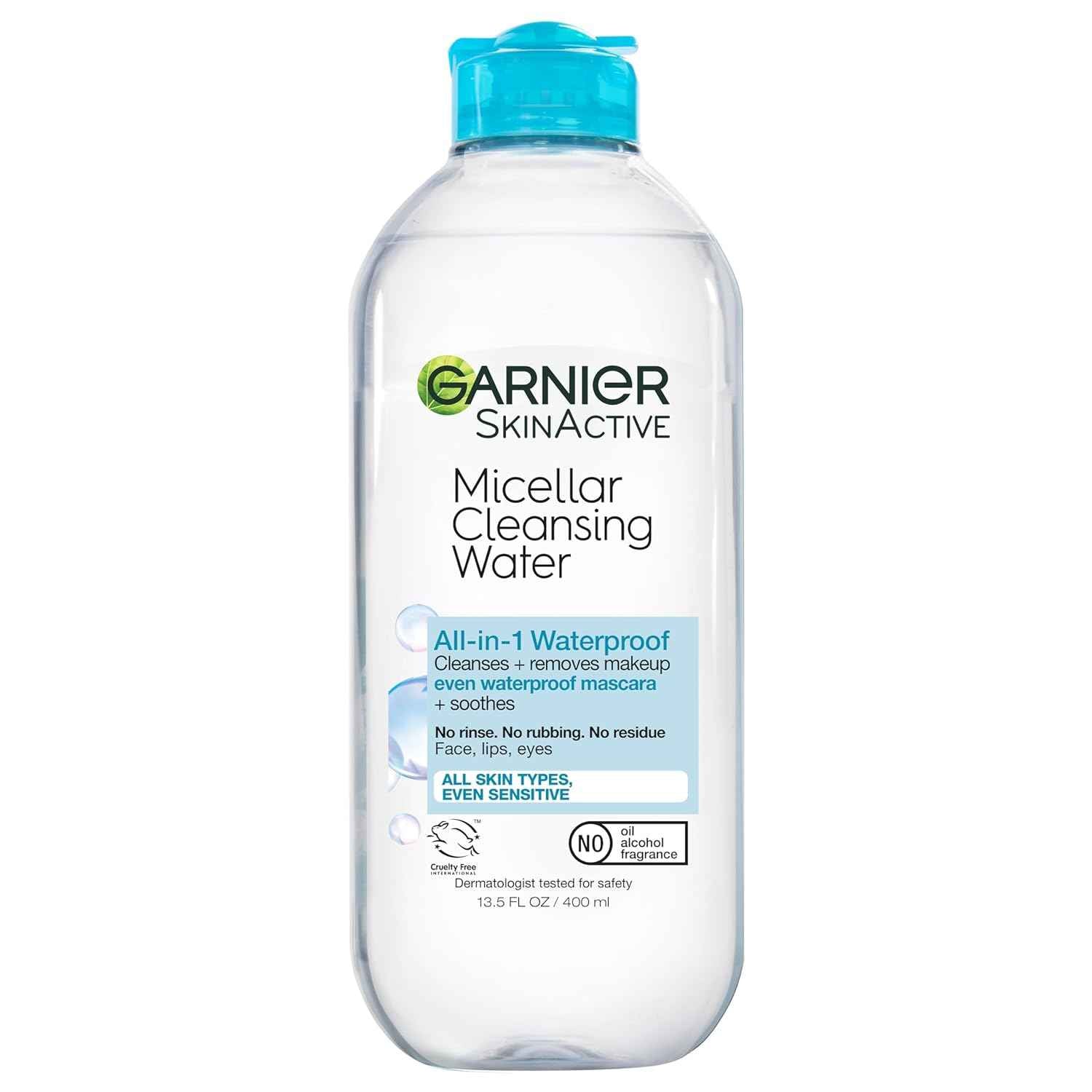 Garnier Micellar Water For Waterproof Makeup, Hydrating Facial Cleanser & Makeup Remover, Suitable for Sensitive Skin, Vegan, Cruelty Free