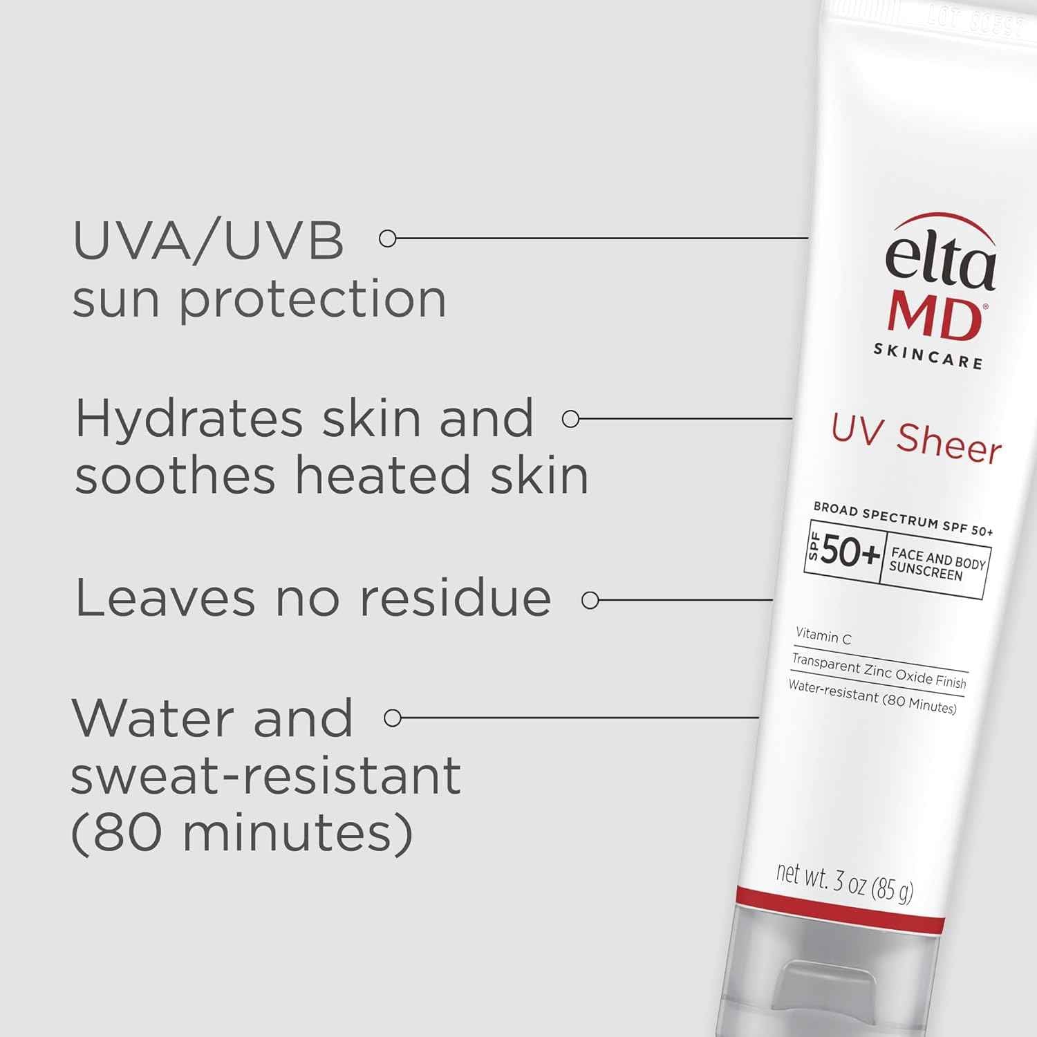 EltaMD UV Sheer Face and Body Sunscreen SPF 50+, No White Cast Sunscreen with Transparent Zinc Oxide and Hyaluronic Acid, Moisturizes and Protects