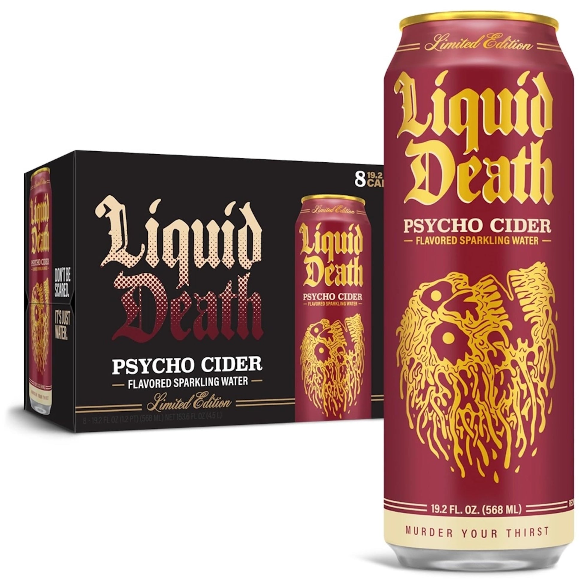 Liquid Death, Psycho Cider Sparkling Water, Apple Cider Flavored Sparkling Beverage Sweetened With Real Agave, Low Calorie &amp;amp; Low Sugar, 8-Pack (King Size 19.2oz Cans)