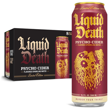 Liquid Death, Psycho Cider Sparkling Water, Apple Cider Flavored Sparkling Beverage Sweetened With Real Agave, Low Calorie &amp;amp; Low Sugar, 8-Pack (King Size 19.2oz Cans)