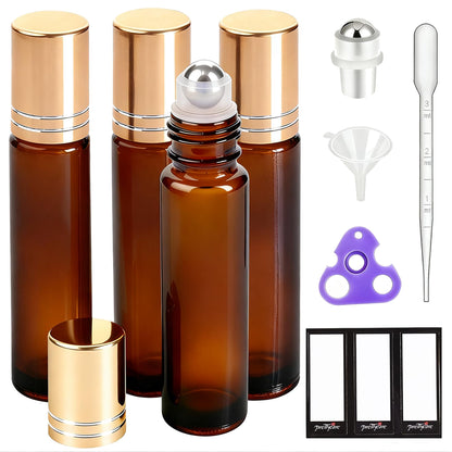 PrettyCare 4 Pack Amber Glass Oil Roller Bottles for Essential Oils 10ml, Roll On Bottles with Stainless Steel Roller Ball Leak-Proof Perfume Travel Refillable Bottle Empty, Beauty &amp;amp; Personal Care