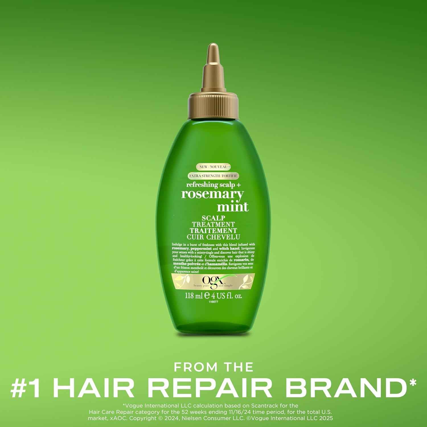 OGX Extra Strength Refreshing Scalp + Rosemary Oil Mint Dry Scalp Treatment, Peppermint & Witch Hazel Scalp Detox, Clarifying Leave-In to Help Remove Buildup and Refresh, Shiny Hair Finish, 4 fl oz