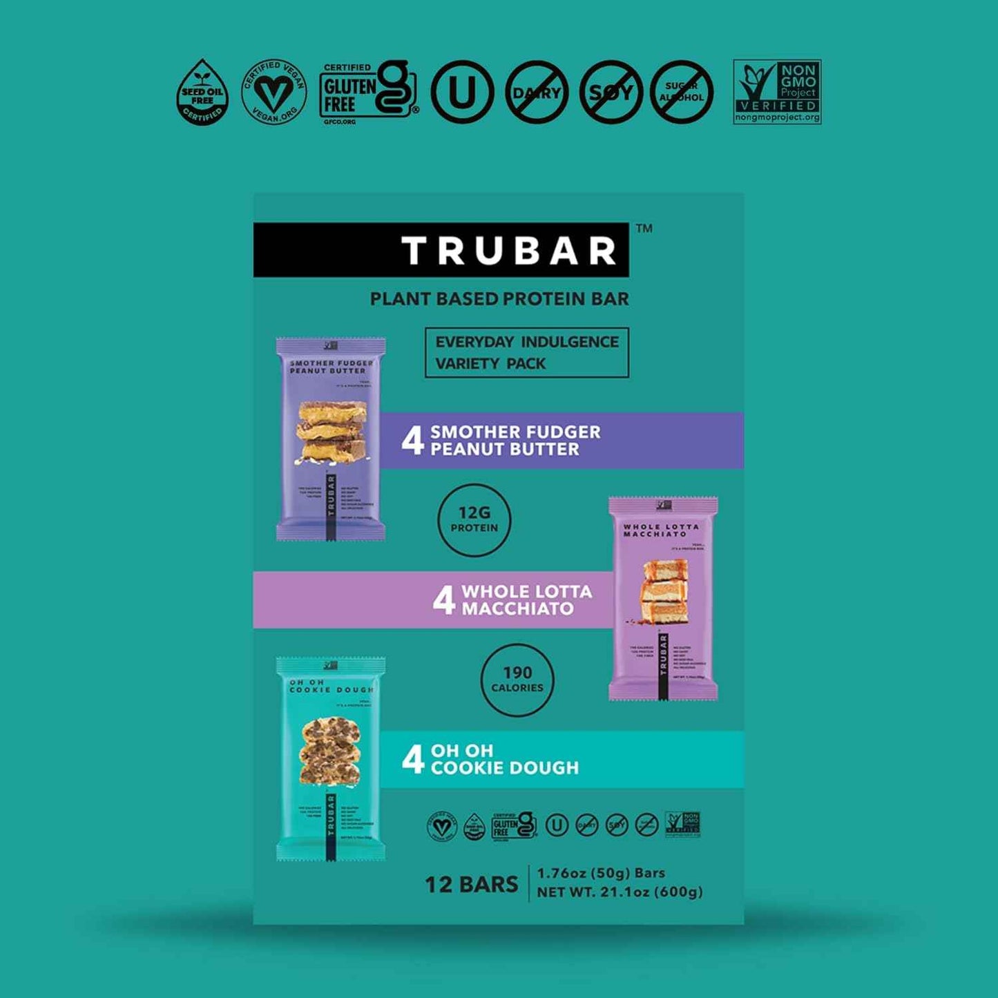 TRUBAR Vegan Protein Bar, Assorted Flavors, Gluten Free, Vegan Protein Snacks, 12G Plant-Based Protein, High Fiber, Healthy Protein Bars