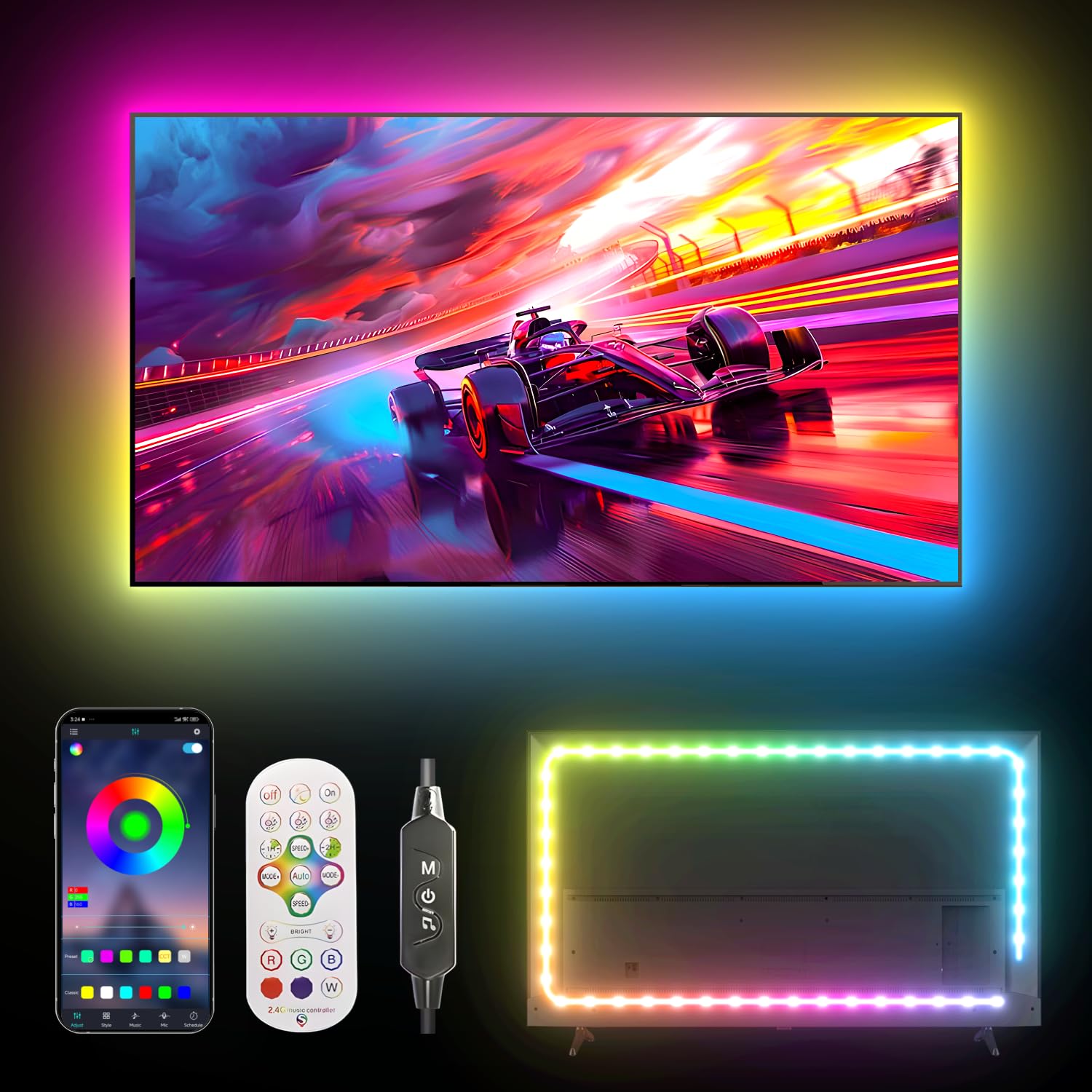 MORIACC TV LED Backlight 13.1ft, RGB LED Strip Lights for 32-65 Inch TV, Music Sync TV Backlights with APP &amp;amp; Remote Control, USB Powered LED Lights for TV Behind TV Ambient Lighting for Gaming Bedroom