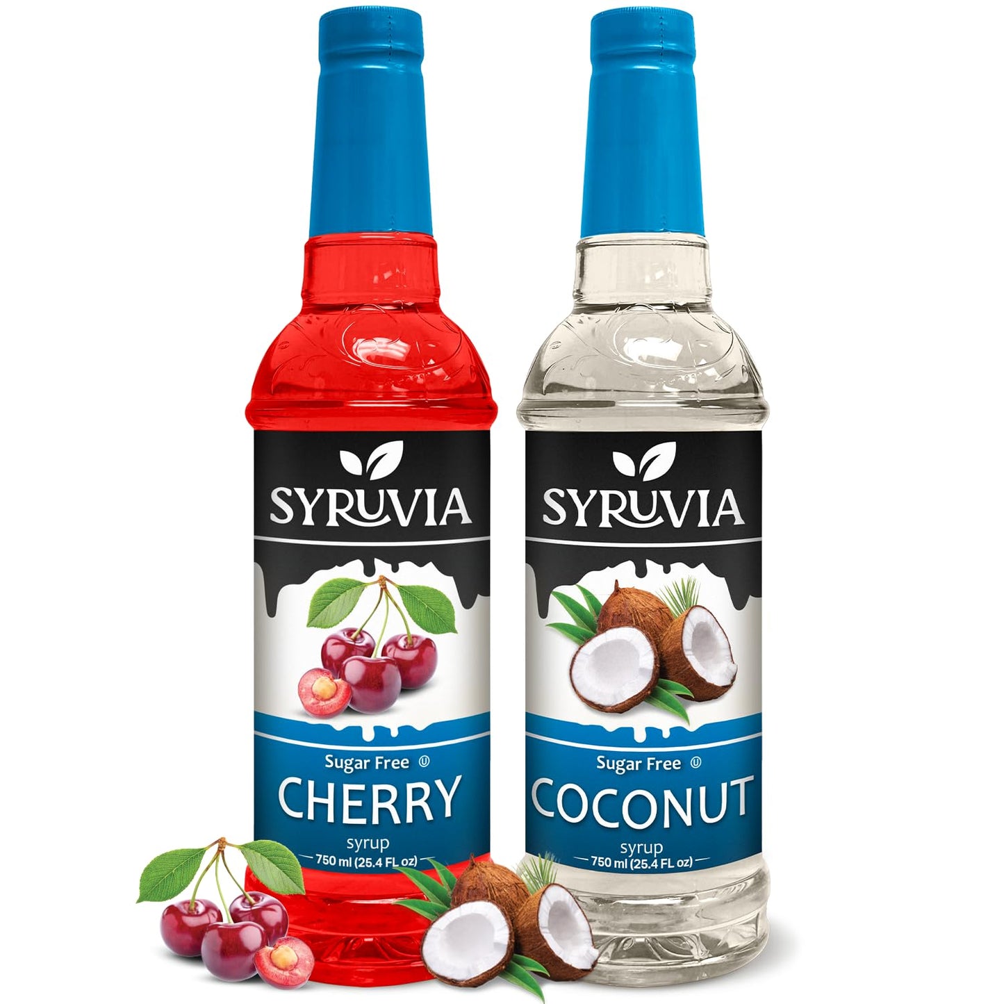 Syruvia Sugar-Free Fruit Flavors Variety Pack Cherry &amp;amp; Coconut Syrup - 0 Calorie - for Tea, Italian Sodas, Beverages, Desserts, Ice Cream, Cocktails, Kosher, 25.4 fl oz. (2-Pack)
