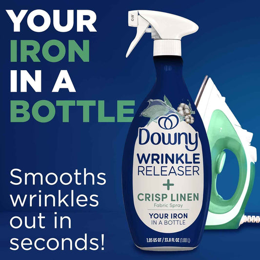 Downy Wrinkle Releaser Spray, All In One Formula, Removes Wrinkles, Static and Odor Eliminator, Crisp Linen Scent, 33.8 Fl Oz