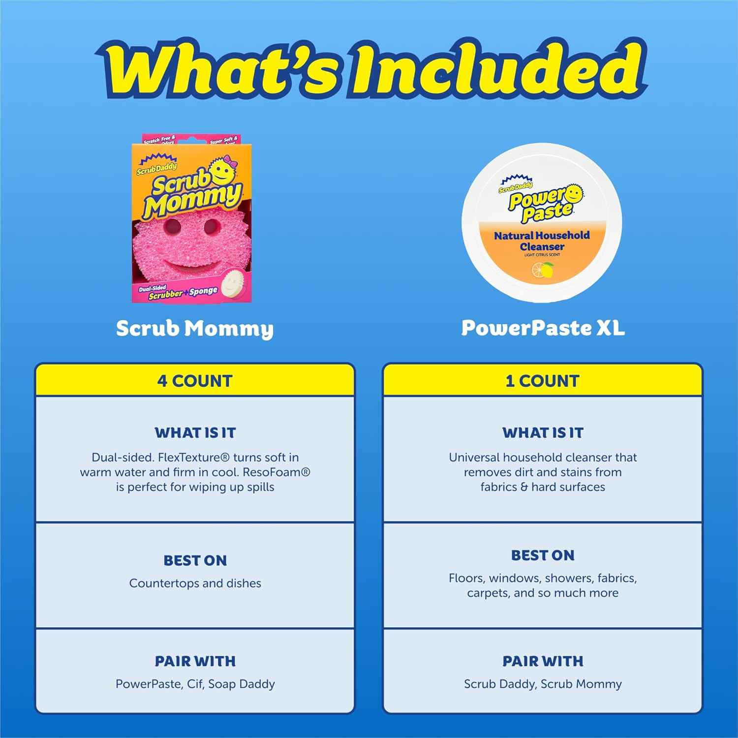 Scrub Sponges & PowerPaste XL Value Pack - 4 Scrub Mommy Multipurpose Dish Sponges & PowerPaste XL All-Purpose Cleaning Paste - Scratch-Free, Multi-Surface Household Cleaning Supplies Kit (5ct)