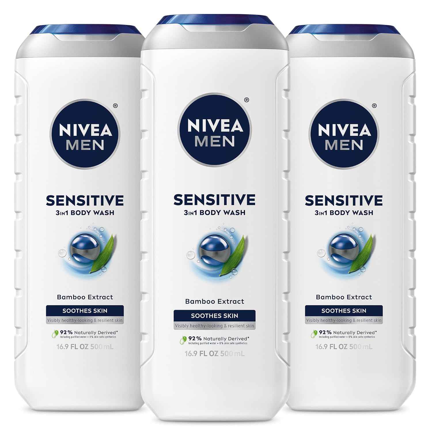 NIVEA MEN Sensitive Body Wash with Bamboo Extract, Moisturizing Body Wash for Sensitive Skin, Soap Free Shower Gel for Men with No Drying Alcohol, 16.9 Fl Oz Bottle