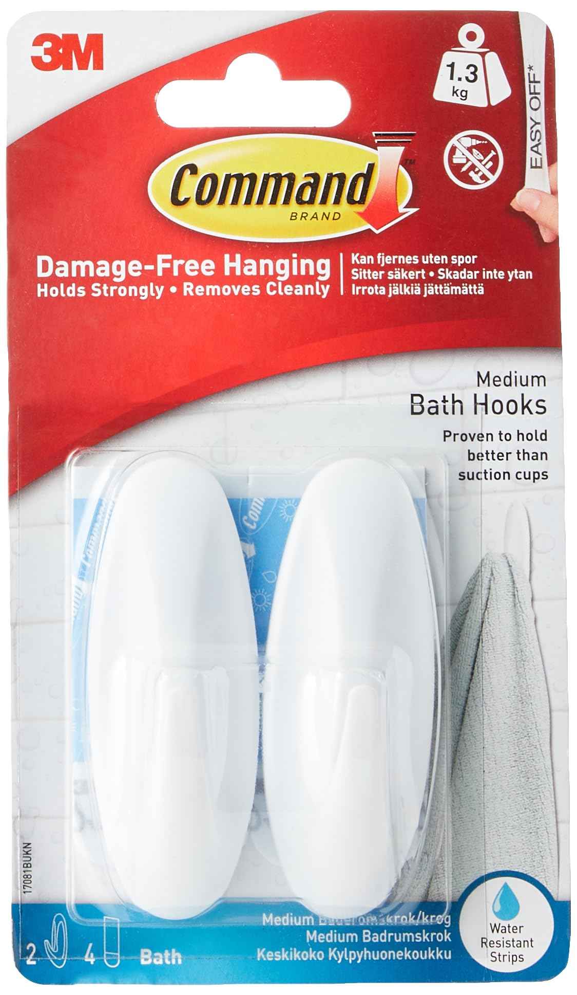 Command Designer Bath Hooks, White, 2-Hooks with Water-Resistant Strips (17081B-ES), Organize Your Dorm