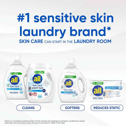 All Mighty Pacs Laundry Detergent, Free Clear for Sensitive Skin, Tub, 60 Count