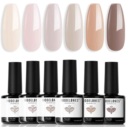 modelones Gel Nail Polish Kit -6 Colors Nude Pink Milky White Spring Gel Polish Set Skin Tones Neutral Brown Soak Off Gel Nail Kit Manicure DIY Nail Art Salon Home Gift
