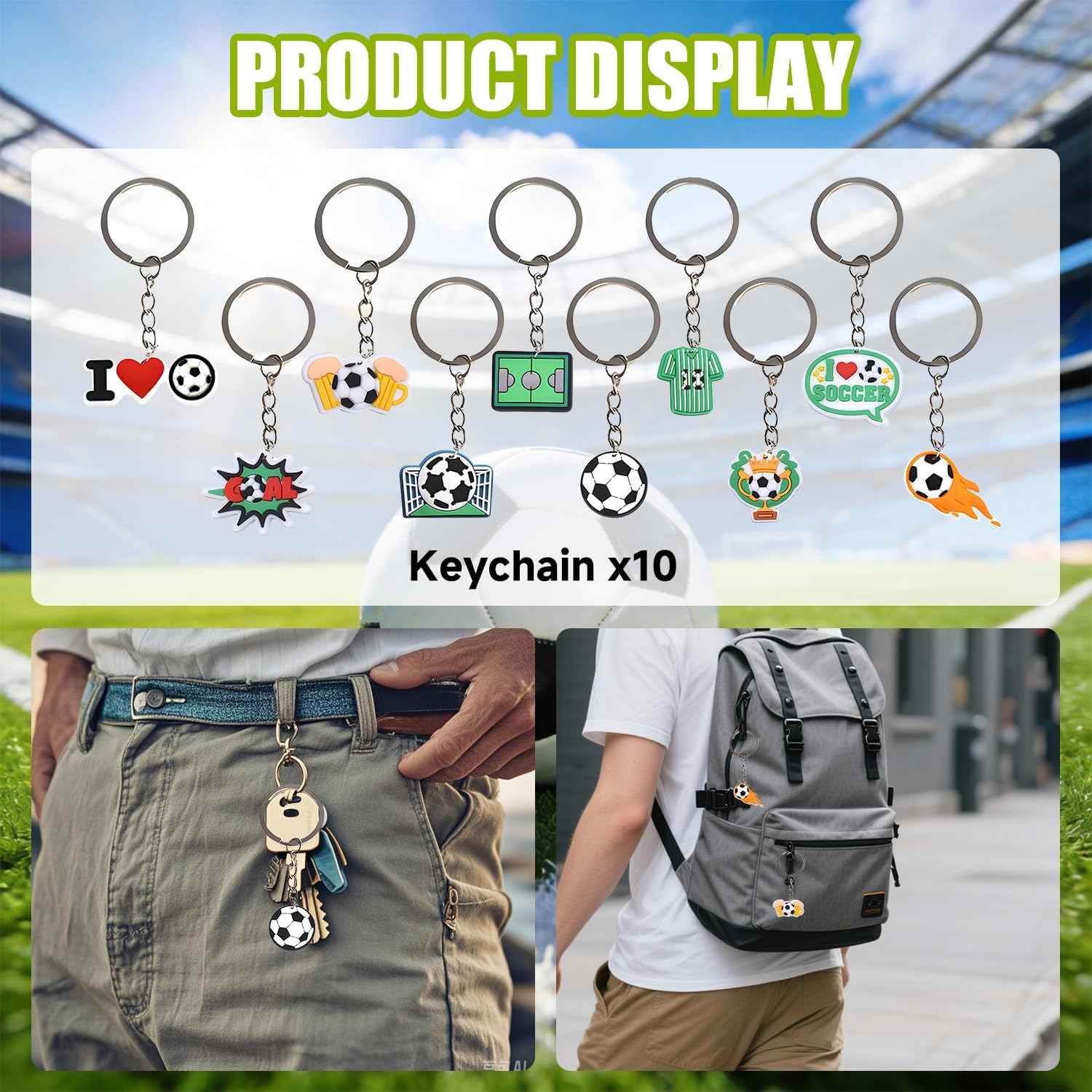 60PCS Soccer Party Favors, Soccer Goodie Bag Stuffers with 10 x 6.5 Inch Bags Keychain Medal Tattoo Sticker Slap Bracelets Whistles, for Kids Soccer Birthday Party Decorations Supplies Souvenirs