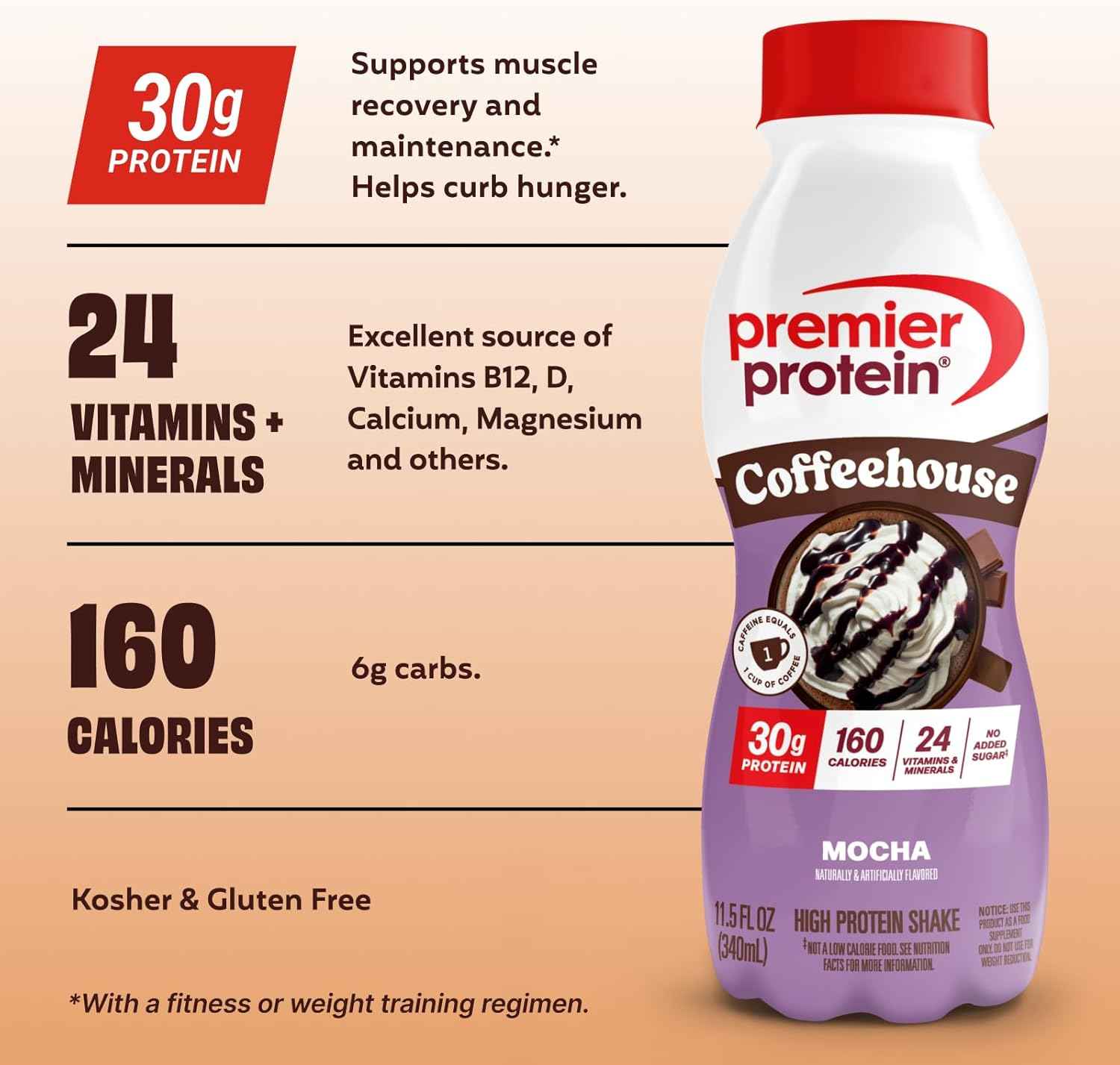 Premier Protein COFFEEHOUSE Protein Shake with Caffeine for Energy – 30g Protein, No Added Sugar, 24 Vitamins & Minerals, 11.5 fl oz, 12 Pack