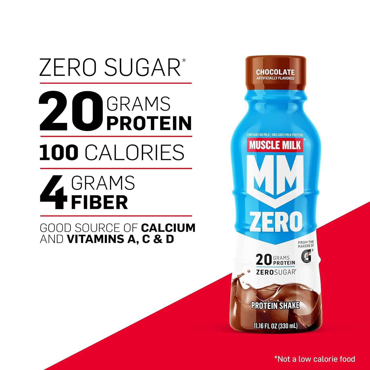 Muscle Milk Zero Protein Shake, 20g Protein, Zero Sugar, 100 Calories, Calcium, Vitamins A, C & D, 4g Fiber, Energizing Snack, Workout Recovery, Packaging May Vary,11.16 Fl Oz