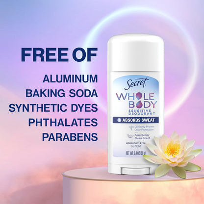 Secret_Whole_Body_Deodorant_Dry_Feel_Stick_+_Absorbs_Sweat_for_Women,_Naturally_Derived_Ingredients,_Completely_Clean_Scent,_Aluminum_Free_Deodorant_Stick,_72_HR_Odor_Protection,_2.4_oz