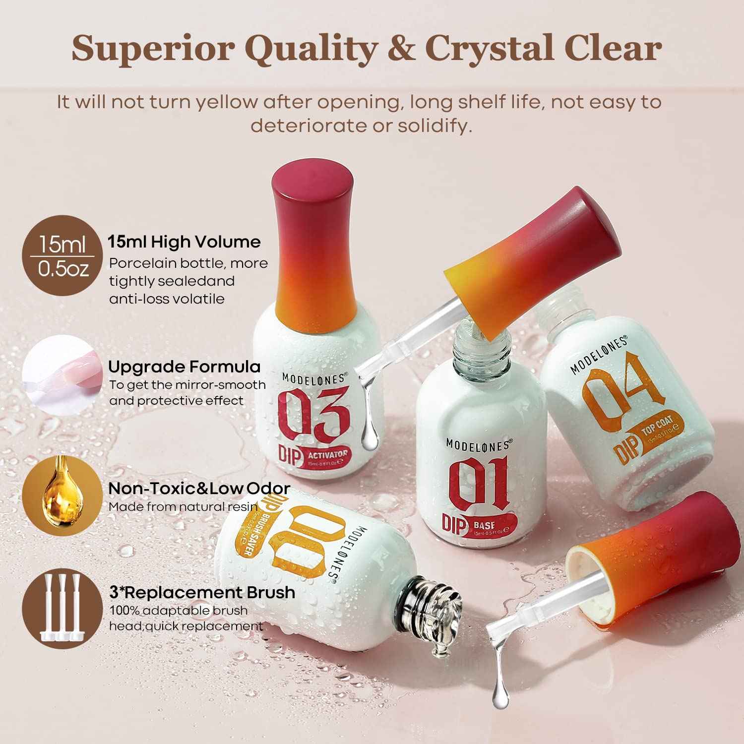 Modelones Dip Powder Liquid Set 4+4 Pcs, Dip Powder System Set with Base Coat/Top Coat/Activator/Brush Saver/Manicure Tools for Nail Kit Art DIY Salon - 15ml/0.5oz
