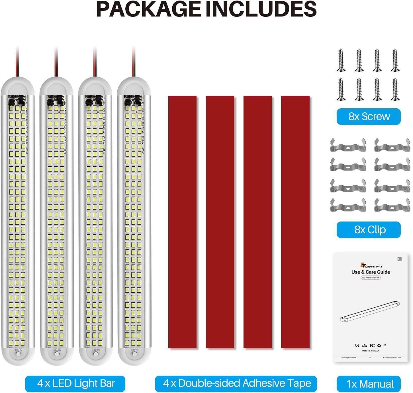 12v_LED_Interior_Light_Bar，CT_CAPETRONIX_120LEDs_1500LM_8W_DC_12_Volt_led_Strip_Lights_with_ON/Off_Switch，for_Enclosed_Cargo_Trailer,_Car_RV_Van_Truck_Lorry_Camper_Boat_Caravan_Motorhome_(4Pack)