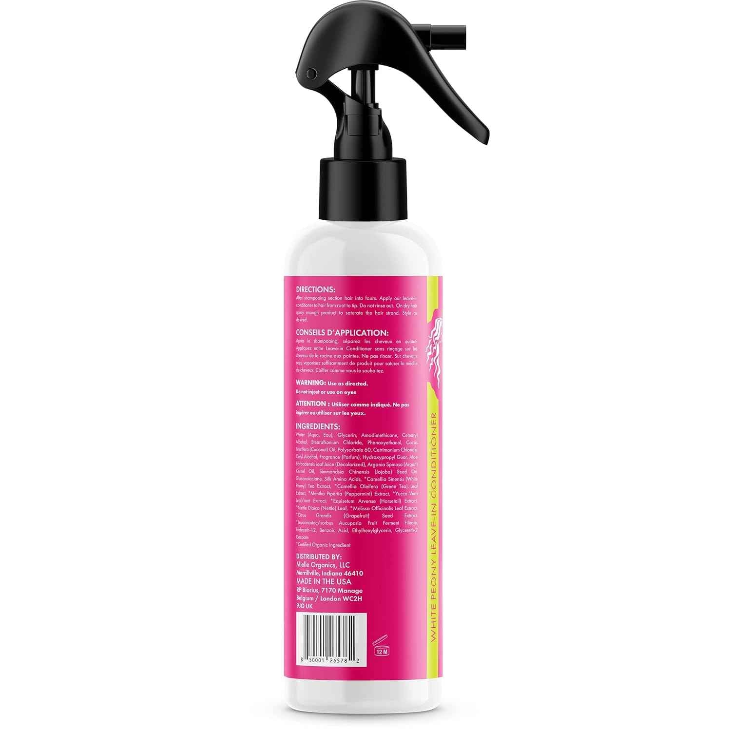 Mielle Organics White Peony Leave-In Conditioner Spray - Ultra-Moisturizing Detangler for Curly & Natural Hair - Frizz Control & Moisture Seal - Color-Safe & Sulfate-Free, 8 Fl Oz