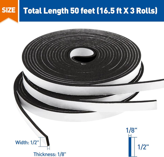 MAGZO_Weather_Stripping_Door_Seal,_1/2_Inch_Wide_X_1/8_Inch_Thick_Adhesive_Foam_Tape_Soundproof_Weatherstripping_for_Windows,_3_Rolls_Total_50FT_Black