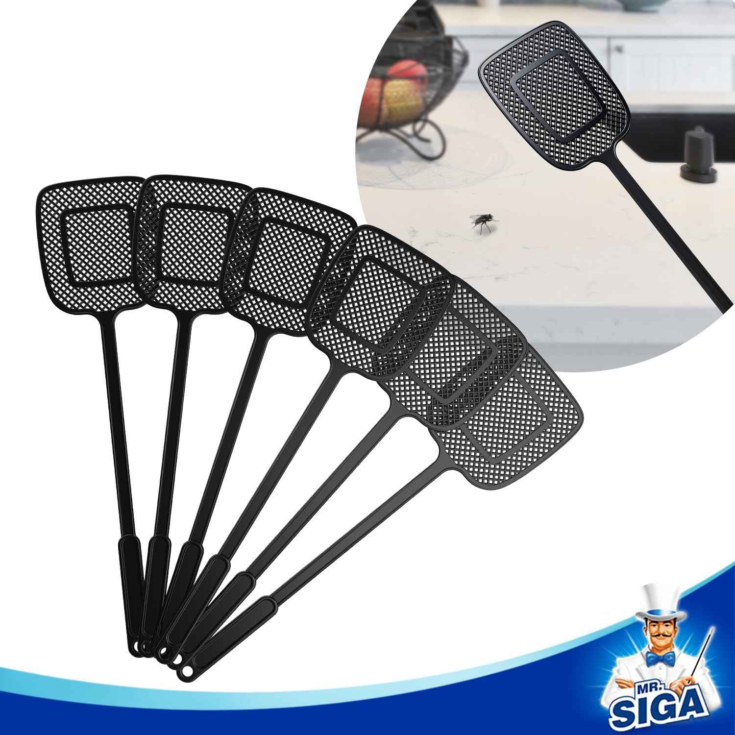 MR.SIGA Heavy Duty Long Handle Fly Swatter, Black, 6 Pack