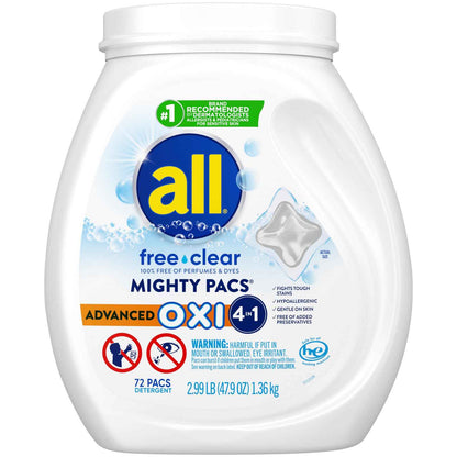 all Laundry Detergent Pacs, Mighty Pacs with OXI Stain Removers and Whiteners, Free Clear, Unscented and Dye Free