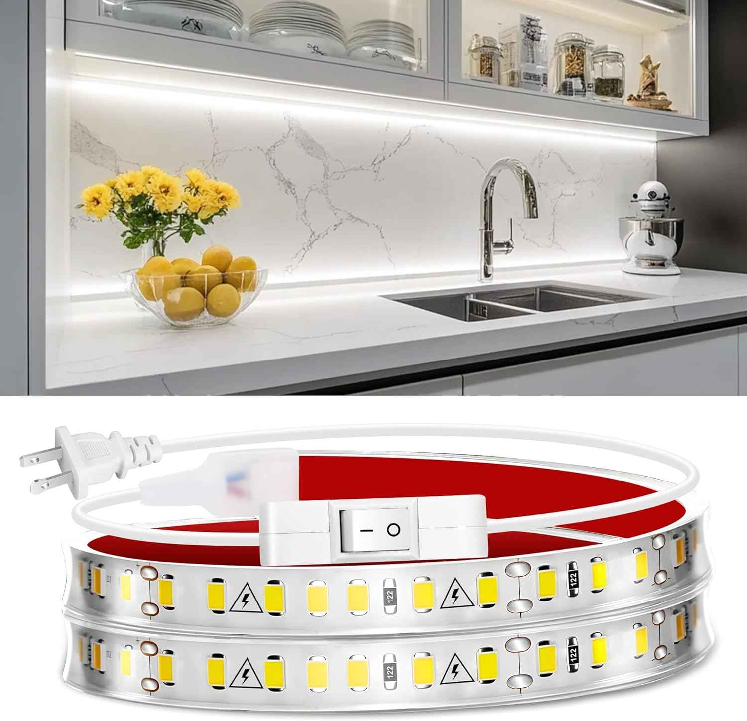 maylit Under Cabinet LED Light Bar 24in/48in/72in for Senior Apartment Kitchen, Bright Plug-in Lighting Near Sink and Sagging Shelves