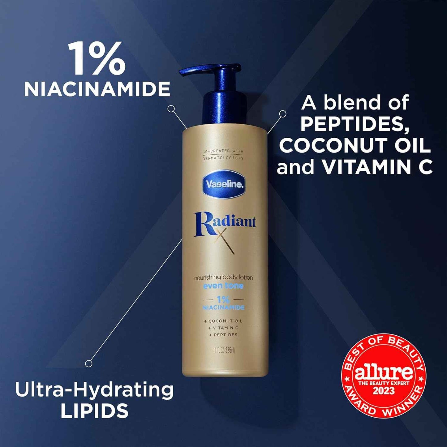 Vaseline Radiant X Even Tone Lotion with Vitamin C and Peptides – Paraben-Free, Phthalate-Free, Non-Comedogenic Body Care