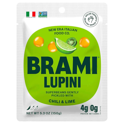 BRAMI Chili & Lime Lupini Beans – Heat-Stable Travel Snack for Hiking and Flights, 0g Net Carbs Vegan