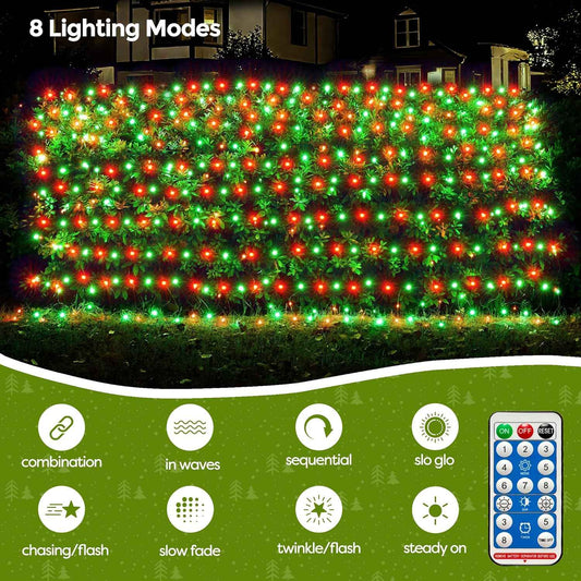WBao Solar Christmas Net Lights – Minimalist Holiday Decor with Clean Mesh Design, 8 Modes, and 3 Timer Settings for Intentional Homes