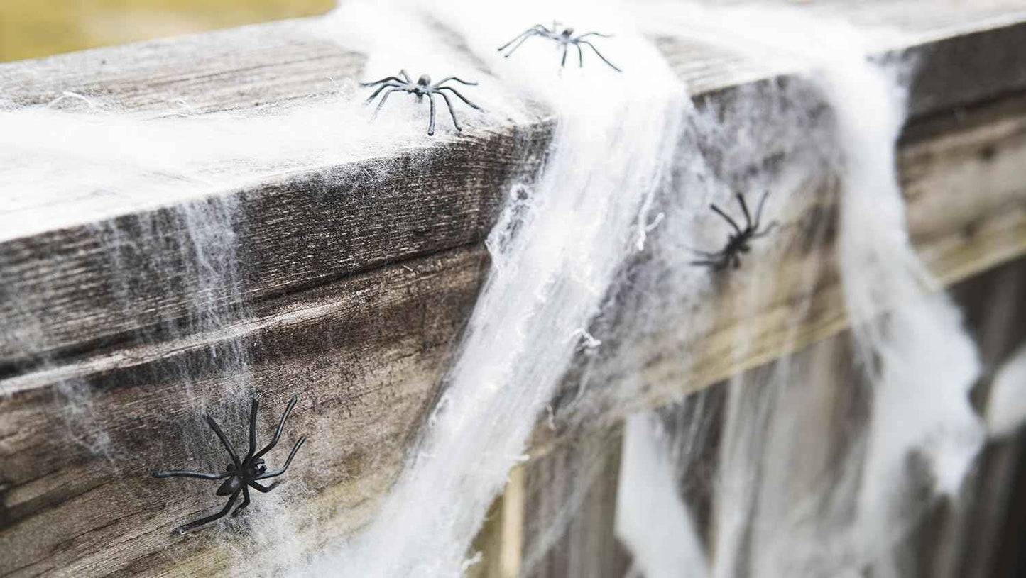 Happy Hippo Spider Web Halloween Decoration – Nursery-Safe Family Decor, Soft Webbing with Plastic Spiders for Kids' Rooms