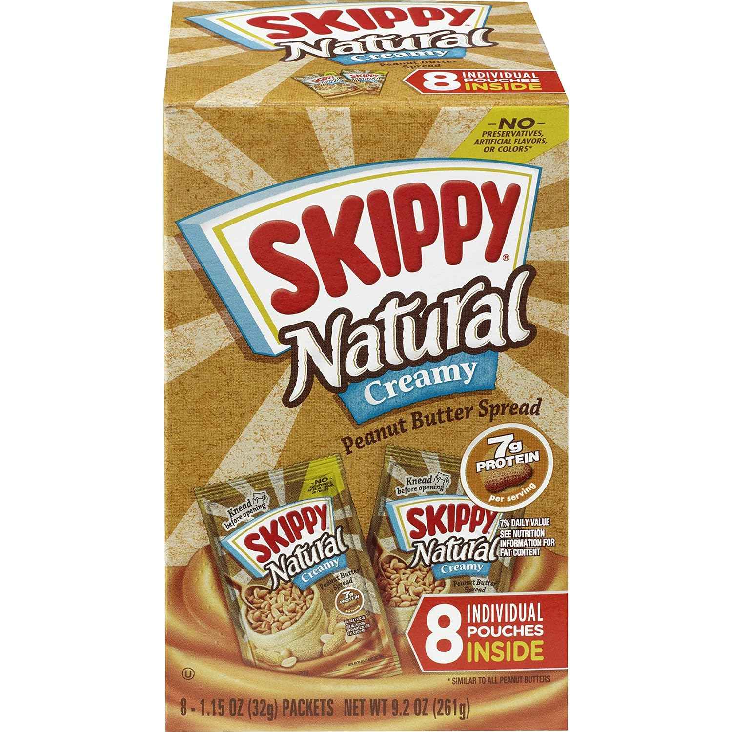 SKIPPY Natural Peanut Butter Singles – Safe, Mess-Free Snack for Kids' Lunchboxes, Daycare, and Playdates, 8 Squeeze Pouches 1.15 Oz Each