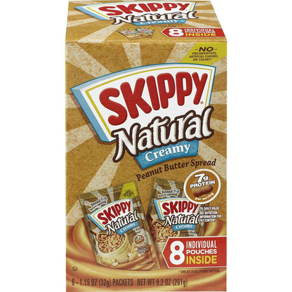SKIPPY Natural Peanut Butter Singles – Safe, Mess-Free Snack for Kids' Lunchboxes, Daycare, and Playdates, 8 Squeeze Pouches 1.15 Oz Each