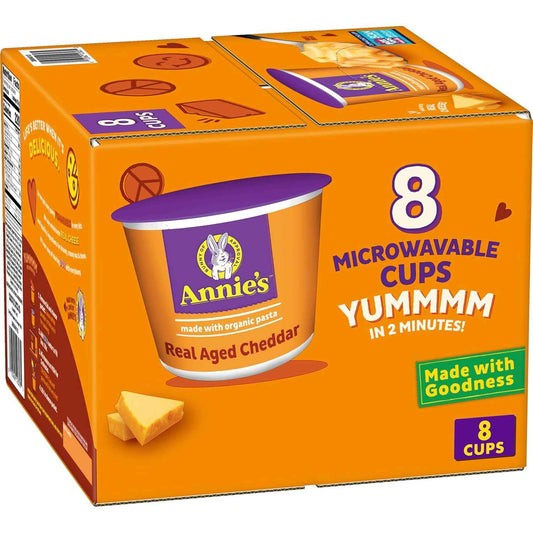 Annie's Microwave Mac & Cheese with Real Cheddar – Easy Lunchbox Side for School Kids, Single-Serve Cups 8 Pack