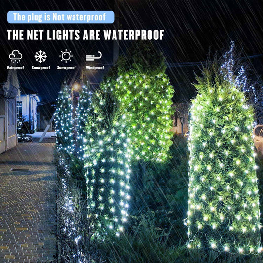 JMEXSUSS Outdoor Net Mesh Lights – 12ft x 5ft Patio and Garden String Lights with 8 Modes and Timer