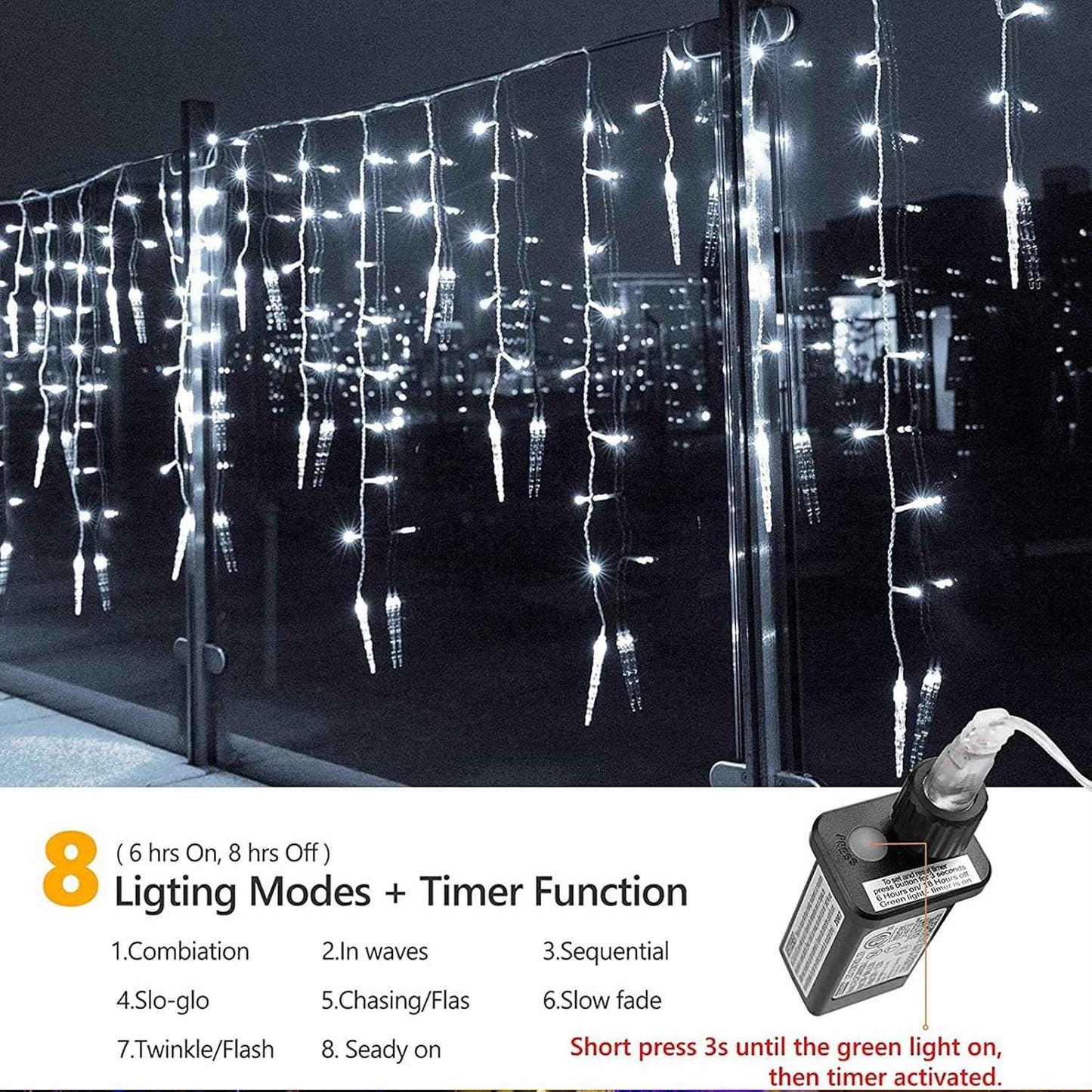 Ollny Waterproof Icicle Lights 29.5ft for Patio and Garden Eaves, 360 LED Connectable Outdoor String Lights for Holiday Parties