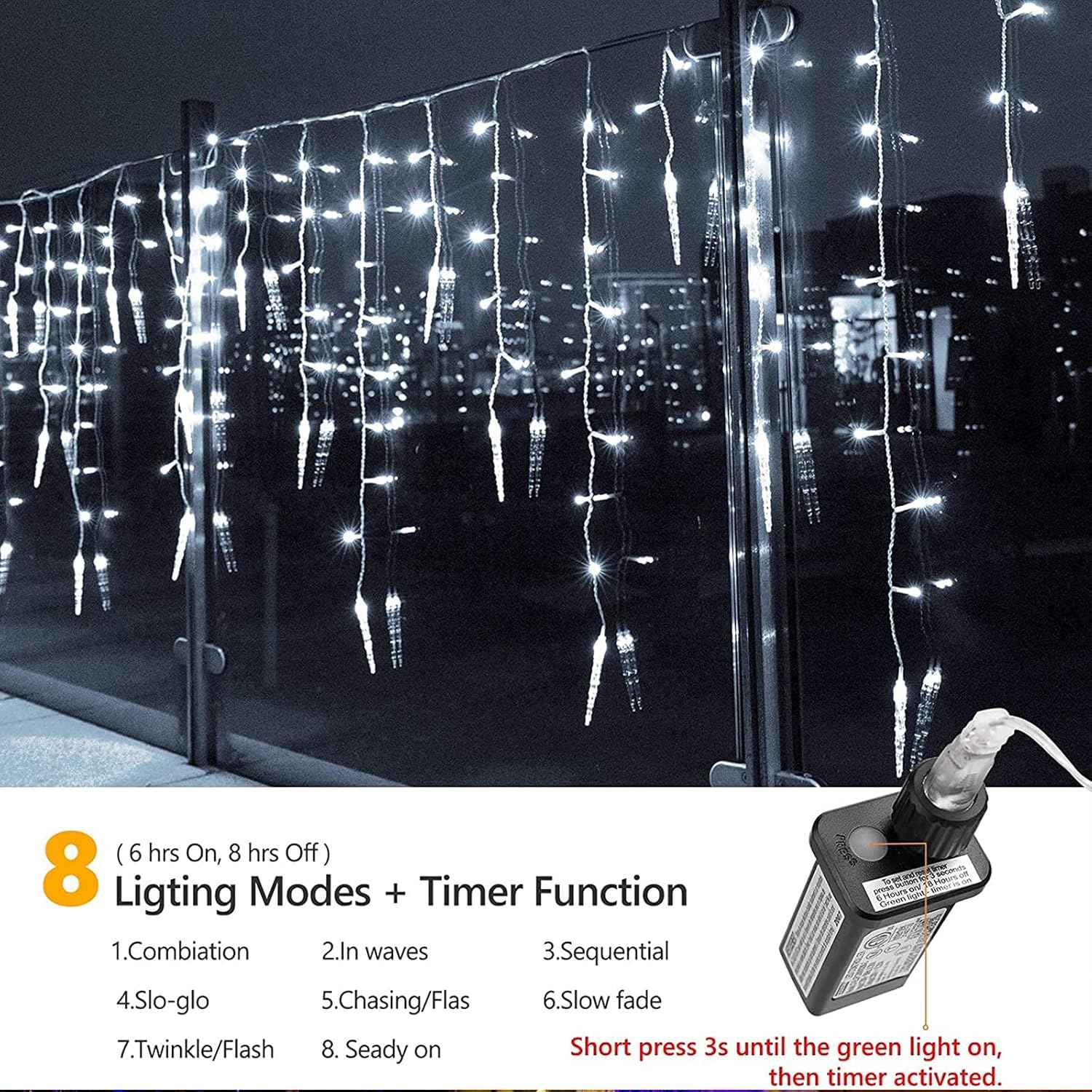 Ollny Waterproof Icicle Lights 29.5ft for Patio and Garden Eaves, 360 LED Connectable Outdoor String Lights for Holiday Parties