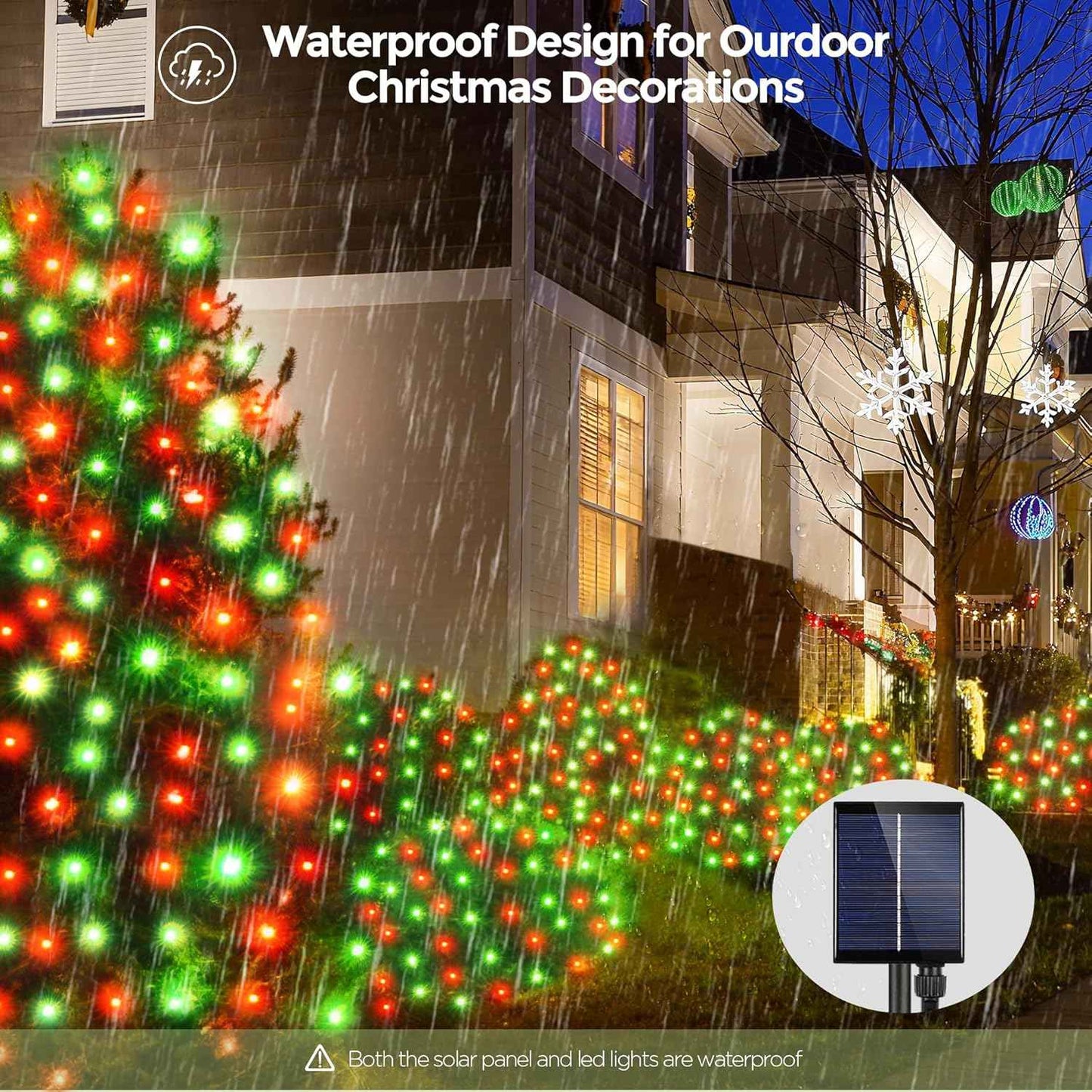 WBao Solar Christmas Net Lights – Minimalist Holiday Decor with Clean Mesh Design, 8 Modes, and 3 Timer Settings for Intentional Homes