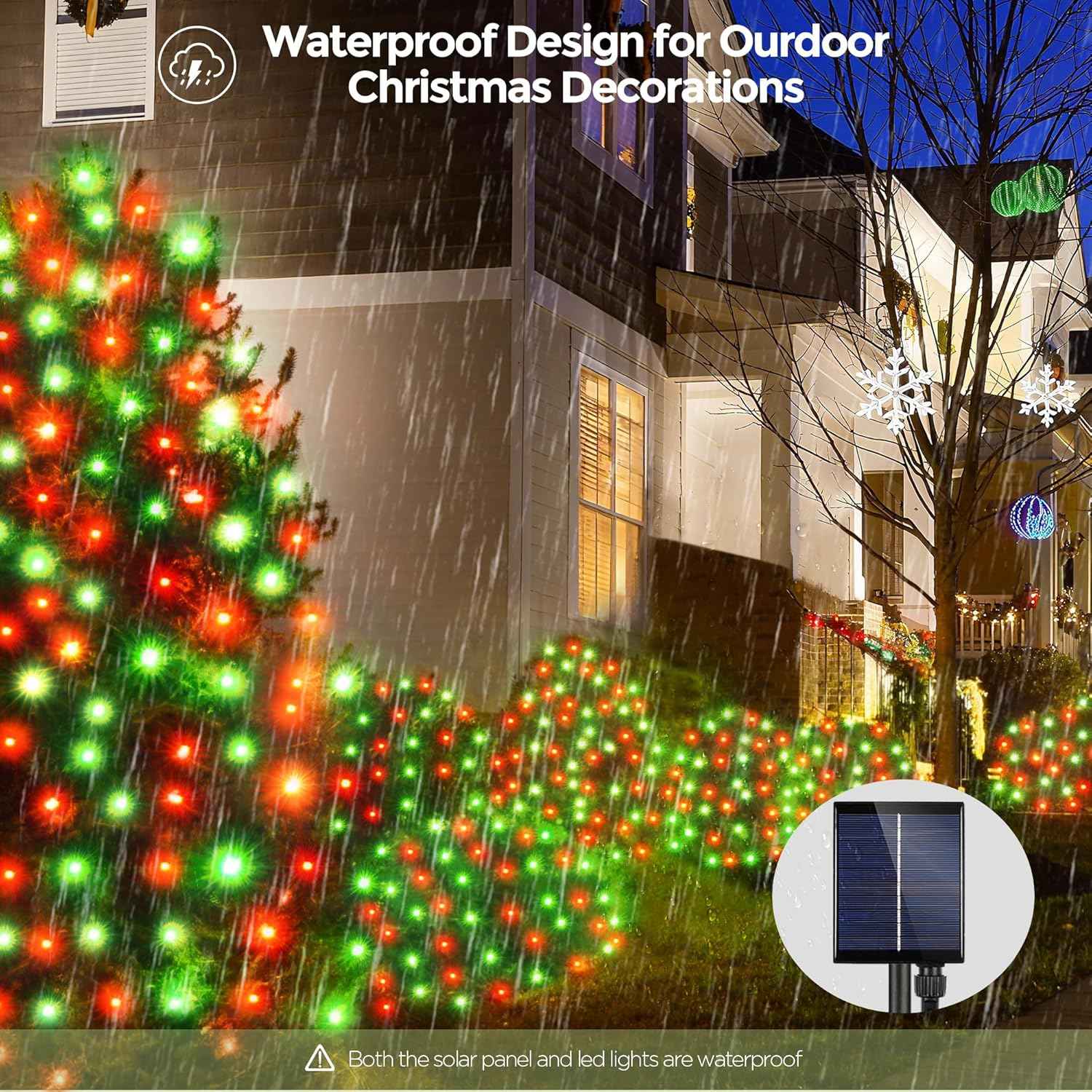 WBao Solar Christmas Net Lights – Minimalist Holiday Decor with Clean Mesh Design, 8 Modes, and 3 Timer Settings for Intentional Homes