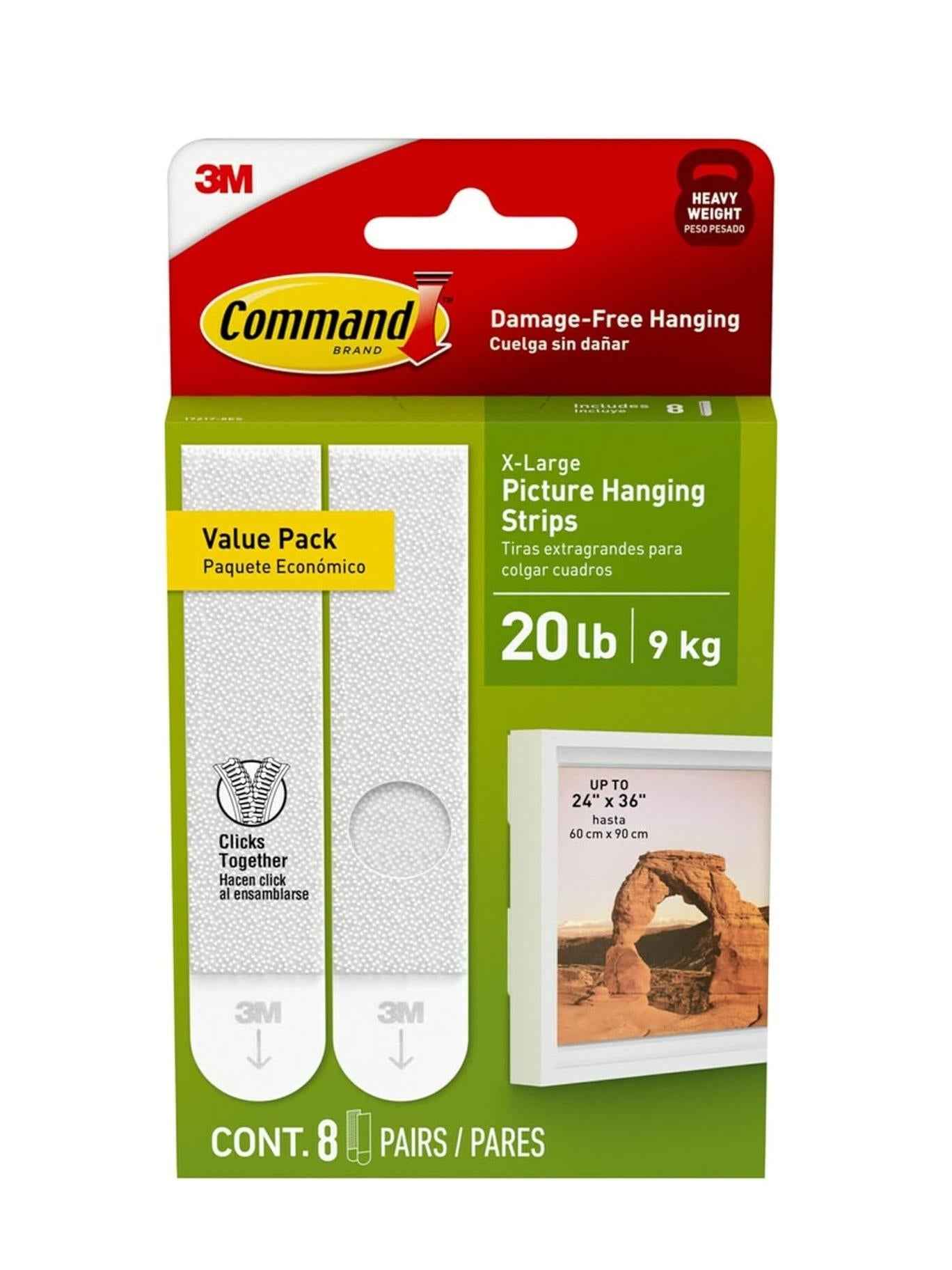 Command 20 Lb XL Heavyweight Picture Hanging Strips, Practical Birthday Gift for Mom and Her Who Loves Refreshing Home Decor, 8 Pairs White Adhesive Strips
