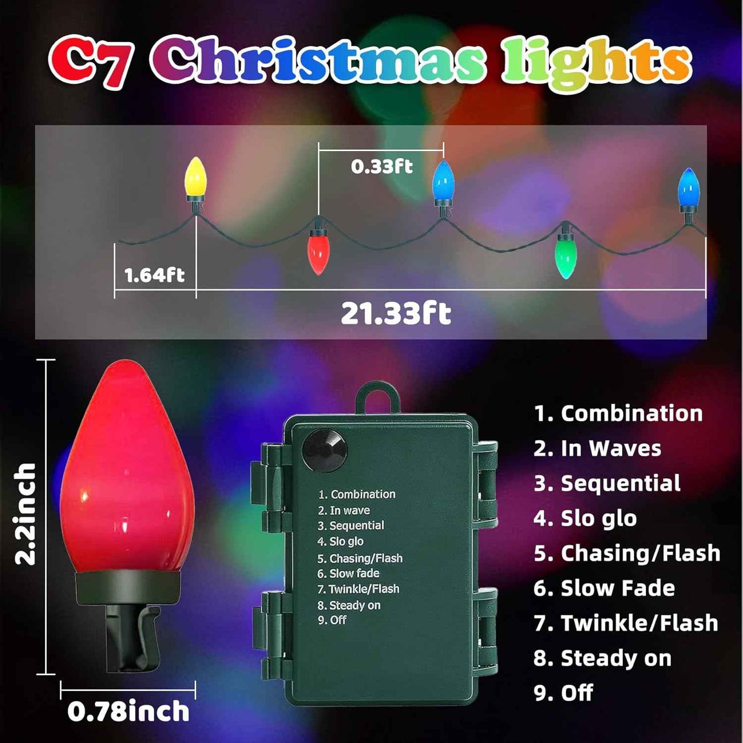 Lumifye Waterproof C7 LED String – Camping and Backyard Ambiance, 60 Bulbs on a Cordless 21.3 ft Strand