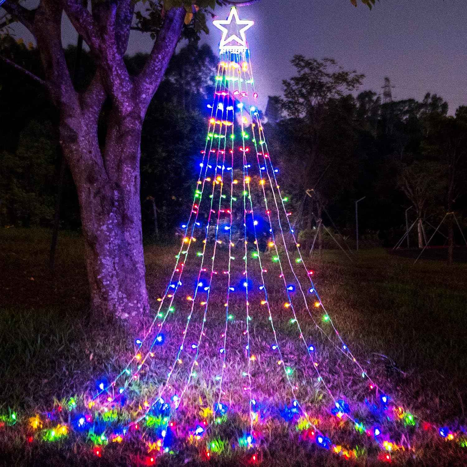 FUNIAO 320 LED Waterfall Christmas Lights with 12.6" Star Topper, IP44 Waterproof Outdoor String Lights for Patio, Yard and Garden