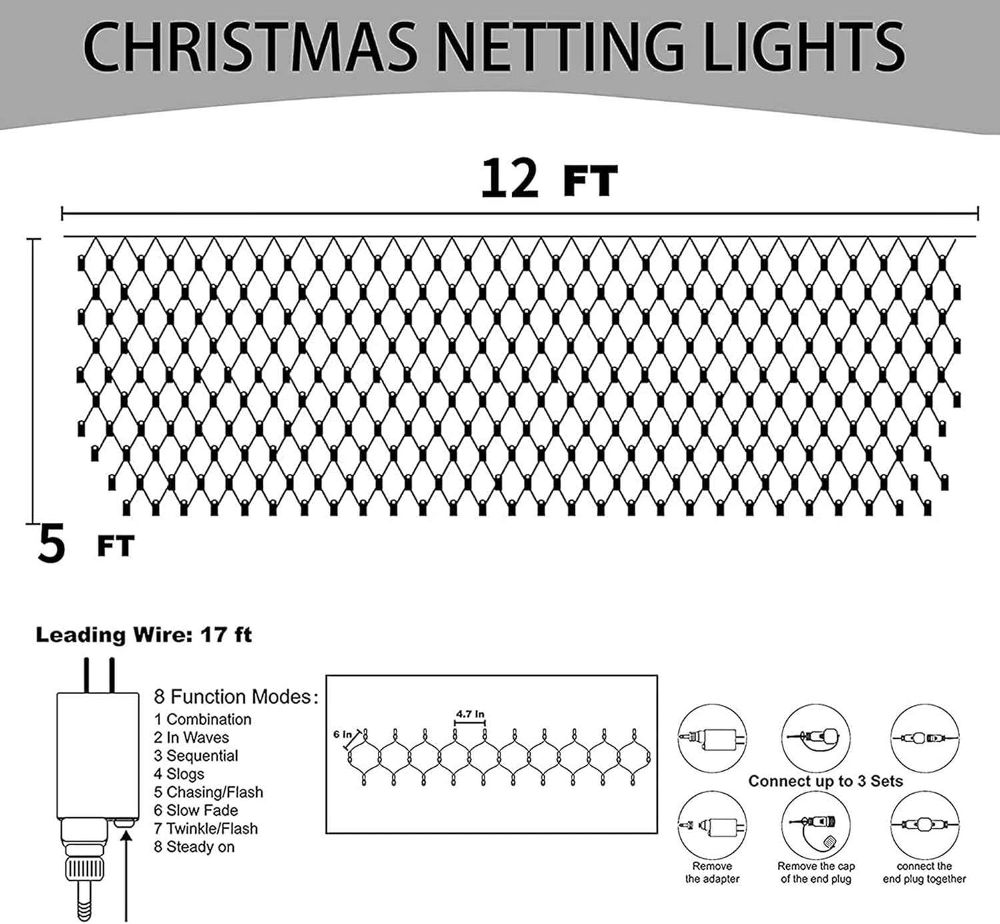 Ollny Christmas Net Lights – 29V Low Voltage Mesh Lights, Cool to Touch Holiday Lights Safe Around Kids and Pets, 8 Modes