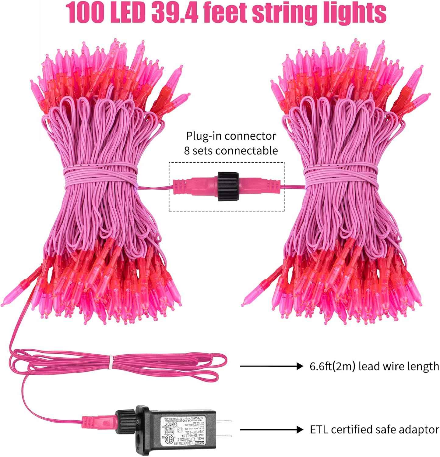Minetom Pink String Lights – Patio and Pergola Decor, Waterproof 39ft 100 LED Outdoor Lights with Remote